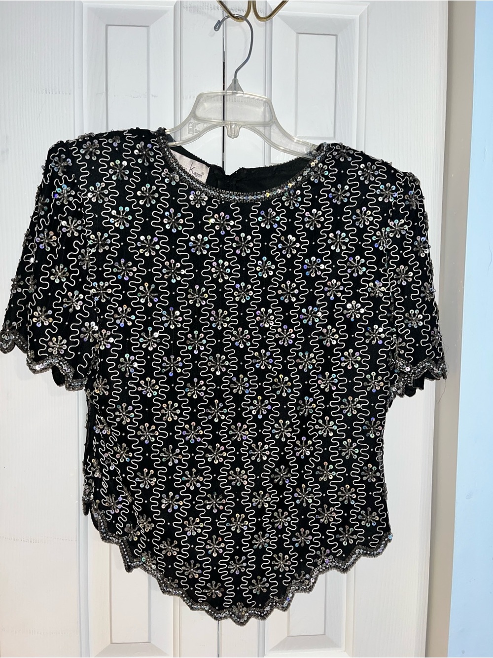 Laurence Kazar Silk Black Beaded Short Sleeve Top